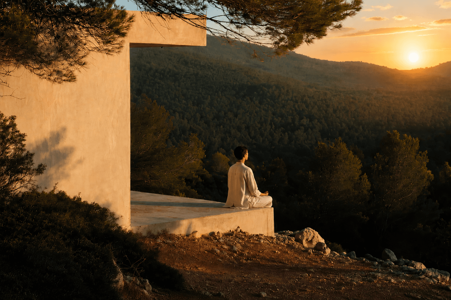 A person meditating at sunset, overlooking a forested valley