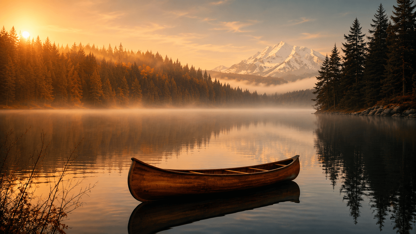 A wooden canoe resting on a calm lake at sunrise