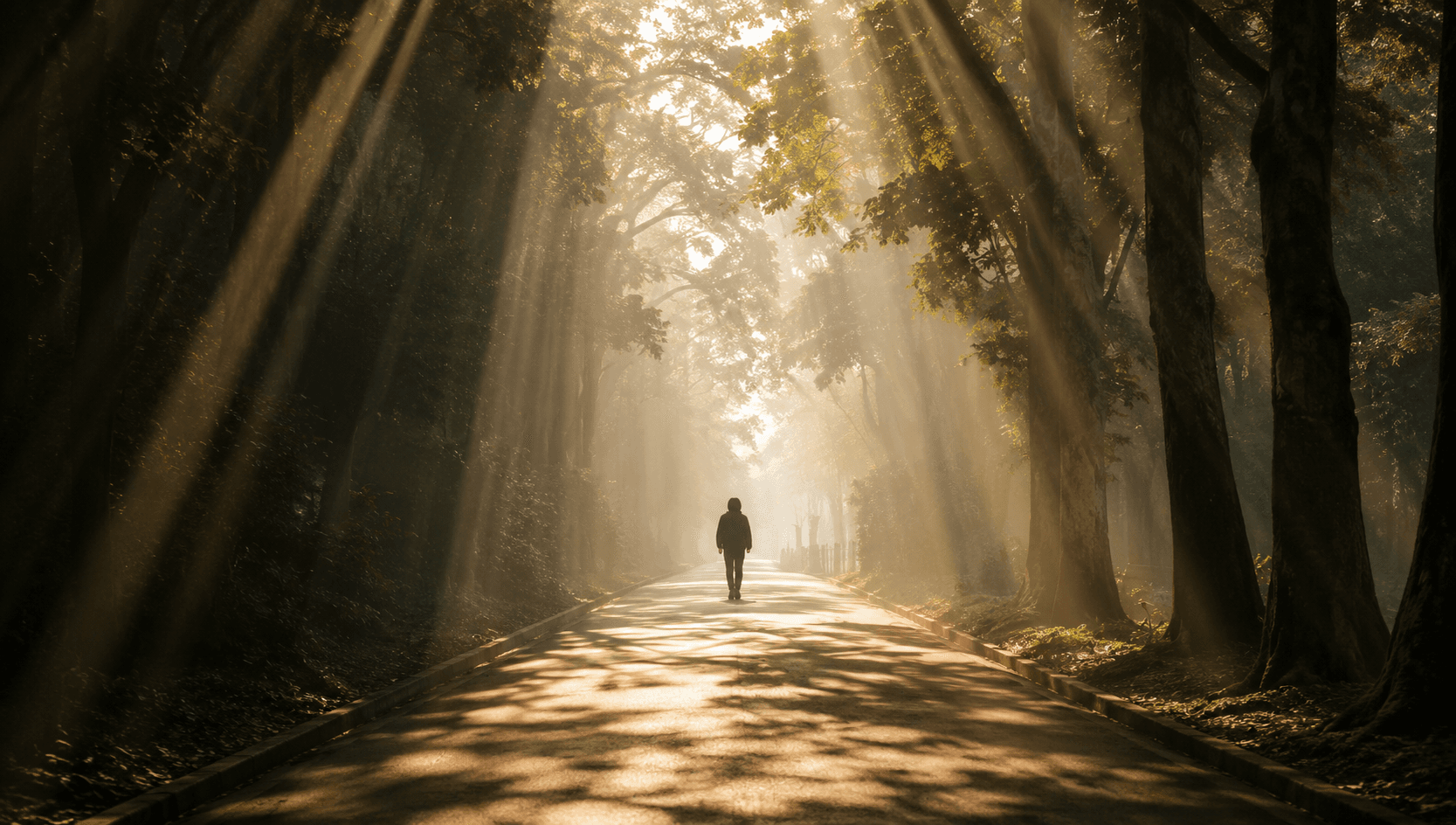 A person walking down a sunlit forest path
